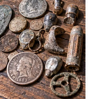 Illustrative image of old coins and small relics arranged on a wooden surface