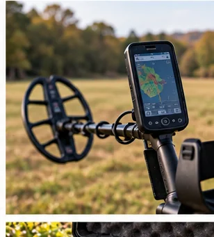 Illustrative image of a metal detector with a bright display in an open field