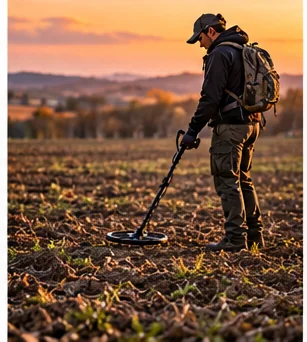 Illustrative image of a detectorist walking across a plowed field