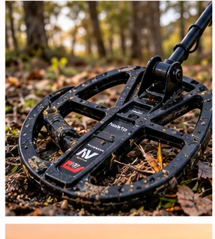 Illustrative image of a metal detector search coil resting on leaf-covered ground